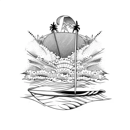 Surfboard On A Beach With Palms