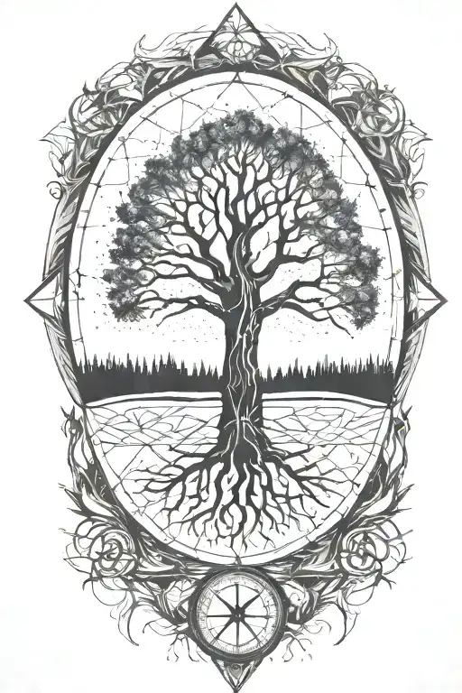 Tree With Triangles Below And No Leaves On The Tree A Compass In The Center On The Tree No Border