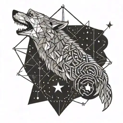 A Wolf Howling Music Notes Surrounded By Two Stars