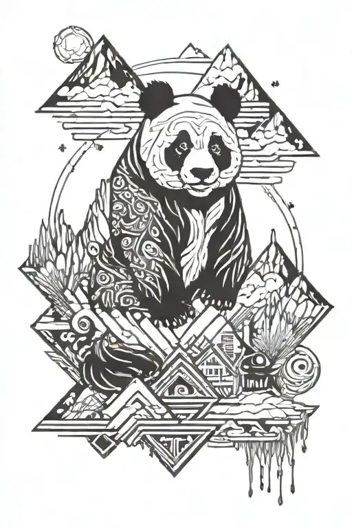 Panda And Mountains Rising Phoenix From Fire