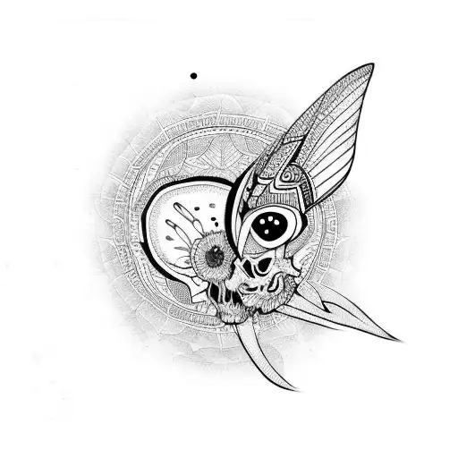 Moth Getting Out Of A Skull's Mouth With Mandala As Background