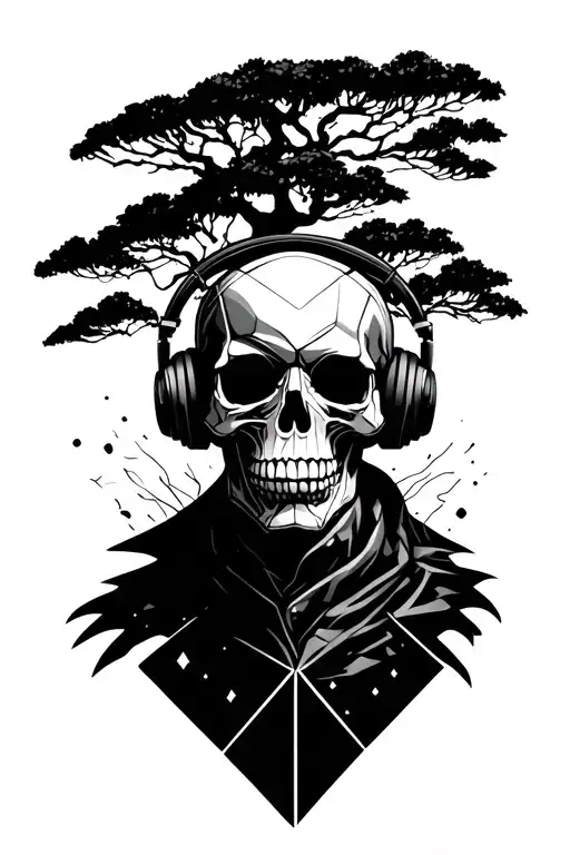 Skull Wearing Headphones Surrounded By Tree