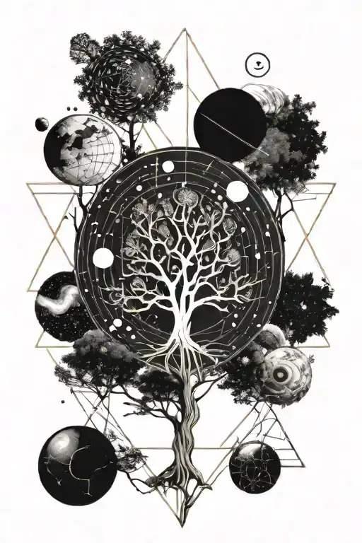 Tree Solar System Galaxy Inside Fine Line Art