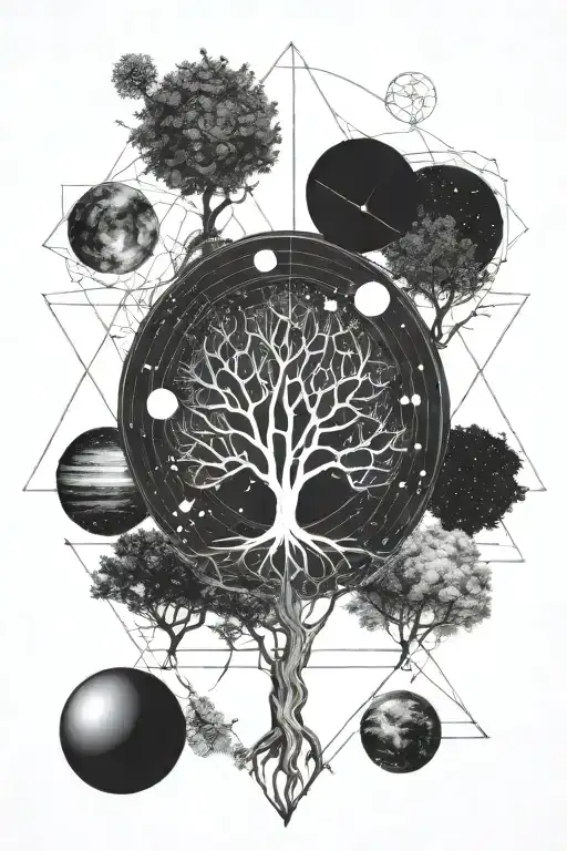 Tree Solar System Galaxy Inside Fine Line Art