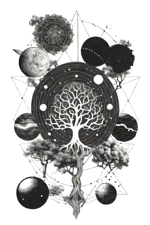 Tree Solar System Galaxy Inside Fine Line Art