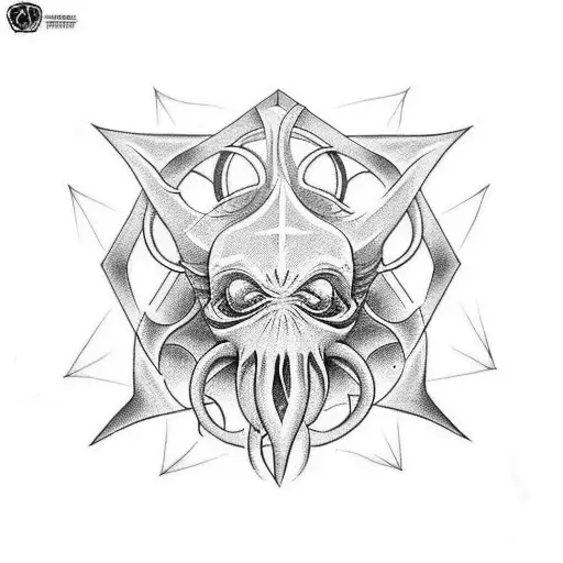 Leg Tattoo Cthulhu With 3D Hex And Cubes