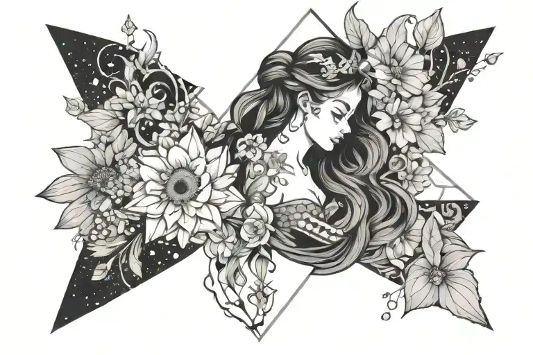 A Tatto With A Girl Middle Og A Galaxy Who Has A Mermaid Tais With Daisy Flowers And Sakura Flowers