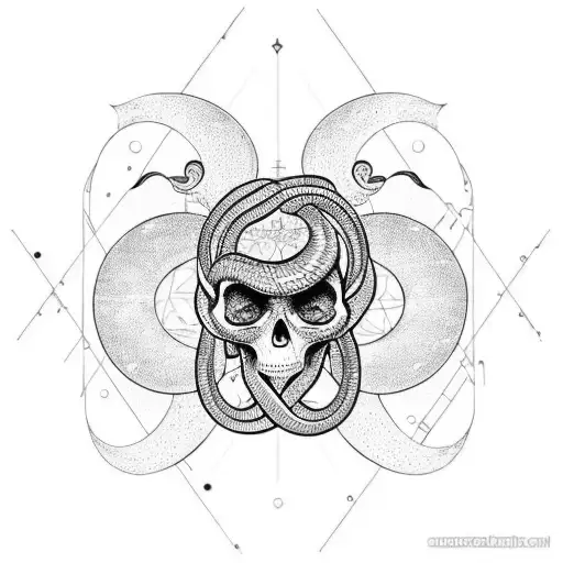 Alchemy-inspired Snake Wrapped Around A Skull With A Crescent Moon In The Background