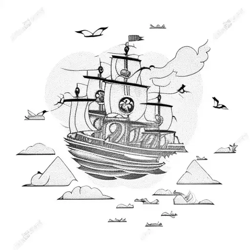 Pirate Ship In Rough Seas With Clouds And Birds In The Background