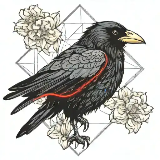 A Crow With A Red String In Its Mouth Surrounded By Daffodils And Carnations Like A