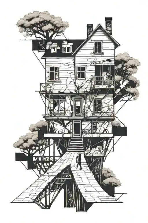 Broken House And A Kid Walking On A Bridge Going