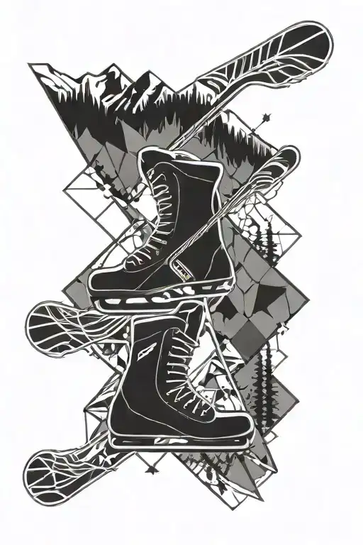 Hockey Stick And Snowboard Making An X With Mountains In The Background