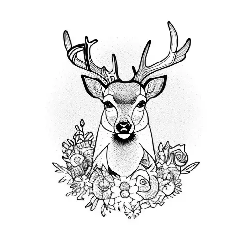Deer With Flowers And Mountain