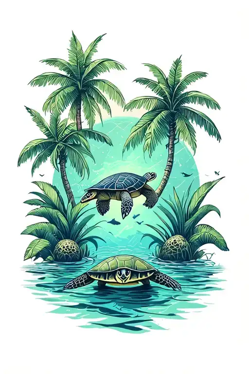 Tropical Trees Growing Next To Money Sea Turtle Swimming