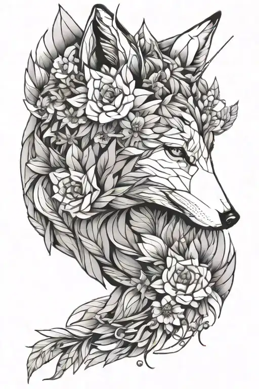 Half Fox Head And Flowers Growing Together
