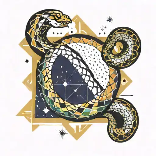 Colored Piece Of A Snake With A Starry Pattern Wrapped Around A Crescent Moon