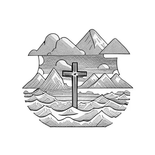Christian Wooden Cross With Mountains And Ocean