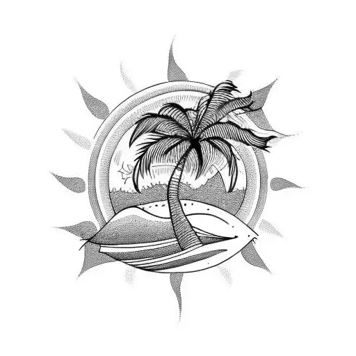 Simple Line Tattoo With Palm Tree And Sun And Waves