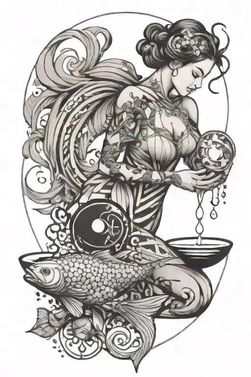 Aquarius Zodiac Lady Pouring Water Over Yin And Yang Fish