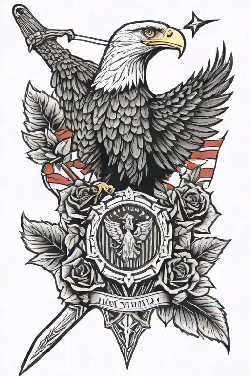 Bald Eagle With A Sword And Roses In Front Of An American Flag