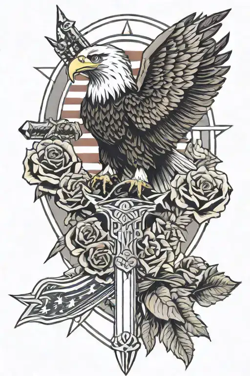 Bald Eagle With A Sword And Roses In Front Of An American Flag