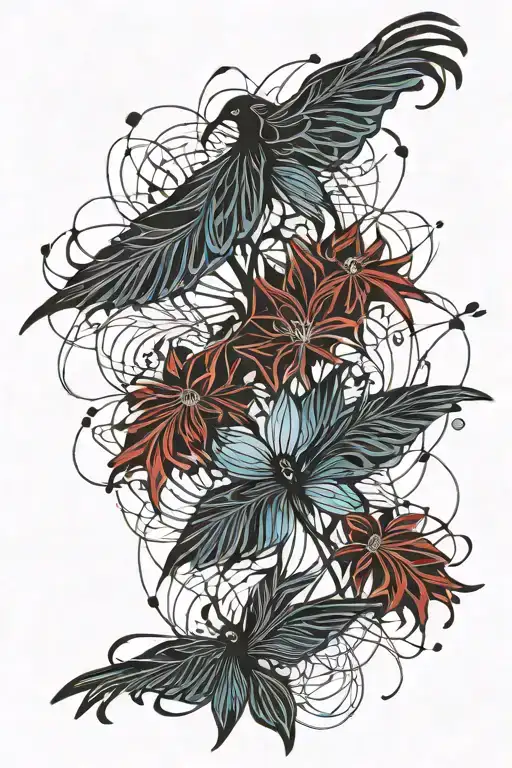 Raven Spider Lilies Red Black And Blue Ink