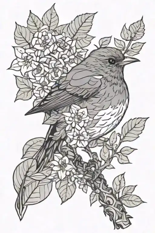 American Robin With Leafs And Flowers Intertwined