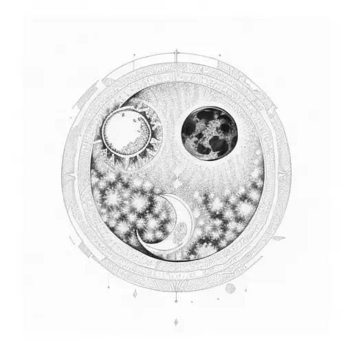 A Back Tattoo Of A Moon Phase Design With Vibrant Plants Growing From Its Edges And A Phoenix Rising