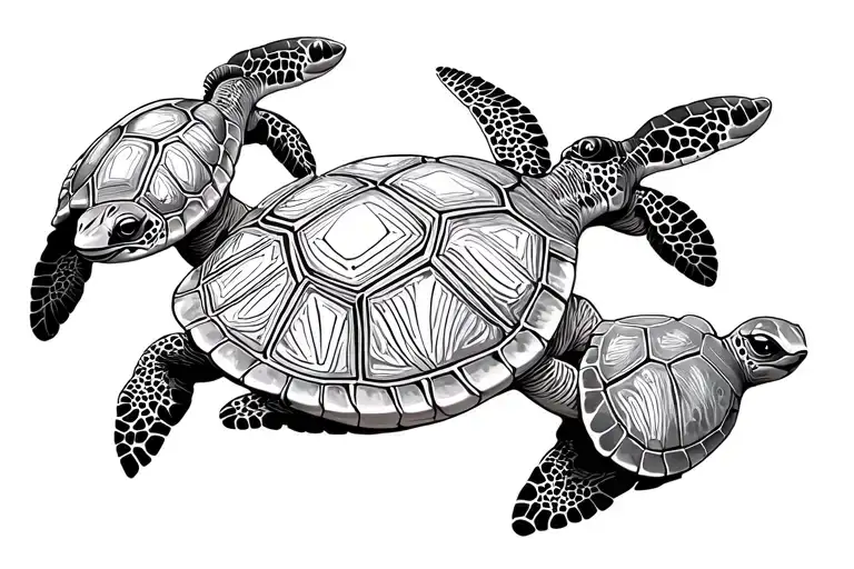 Adult Sea Turtle Leading 6 Baby Sea Turtles