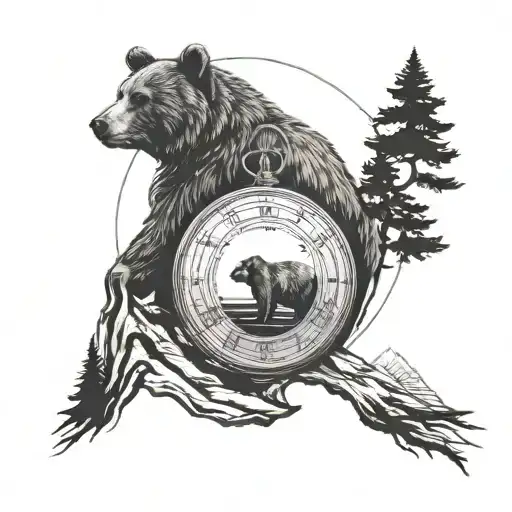 Bear Pocket Watch Hourglass Shine Tree Horizon Staircase Silhouette