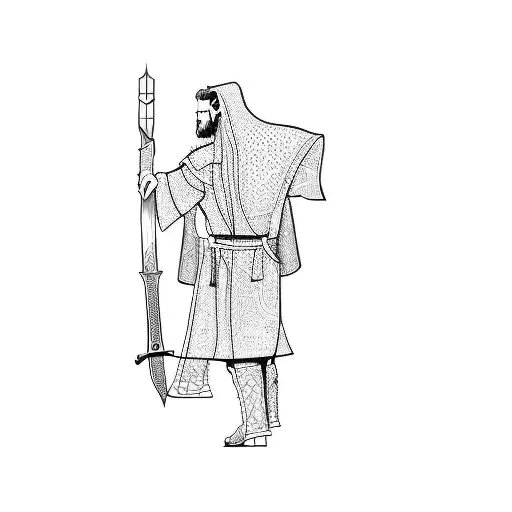 A Man In A Robe Holding A Sword And Light