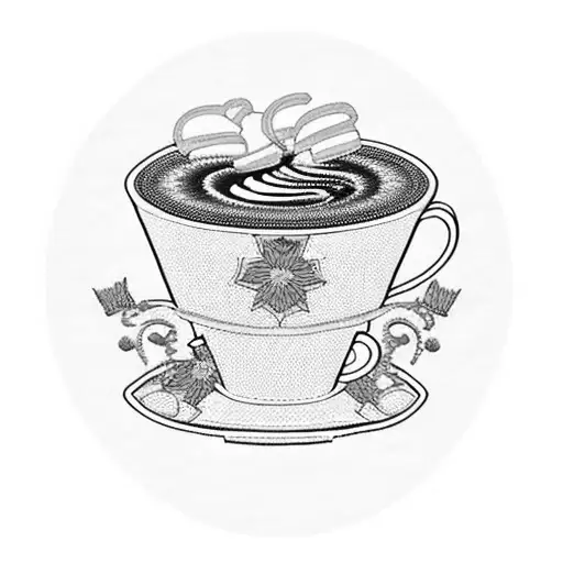 An Intricate Embroidery Design Featuring Coffee Cups And Sweets Intertwined With Floral Patterns