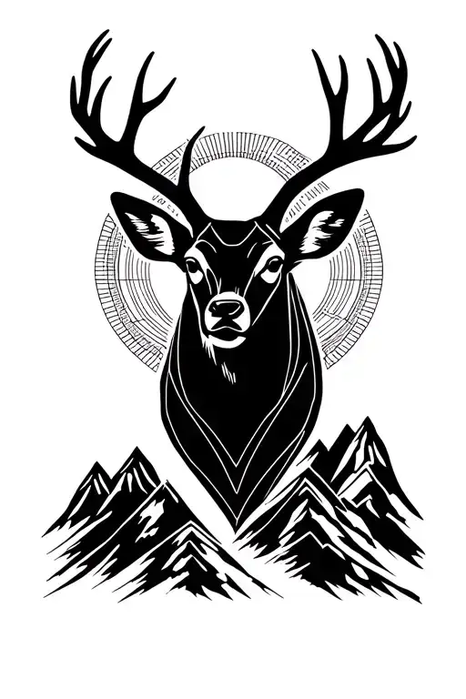 Sun Between Deer Antlers With Mountain Range