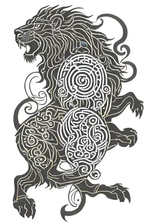 Taurus Zodiac Sign Intertwined With Japanese Wave Plus Cardinal Tattoo And Lion Family Symbol