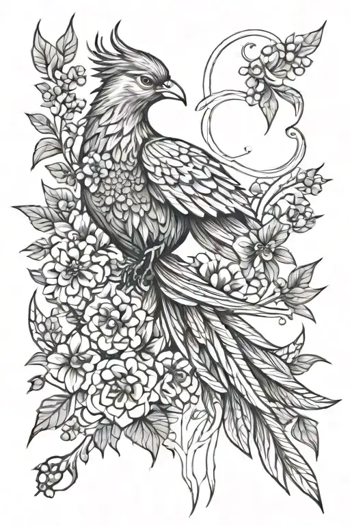 Feminine Phoenix With Larkspur Flowers Intertwined