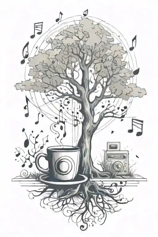 A Sketch Of A Tree With Musical Notes Floating Around And A Cup Of Tea And A Radio