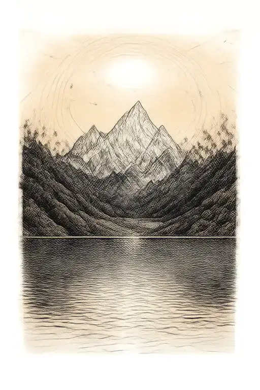 Mountain And Lake Surrounded By Lines And Circles Patern