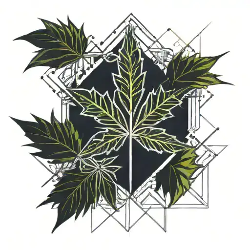 A Surrealistic Design Featuring A Cannabis Plant Intertwined With Abstract Geometric Shapes