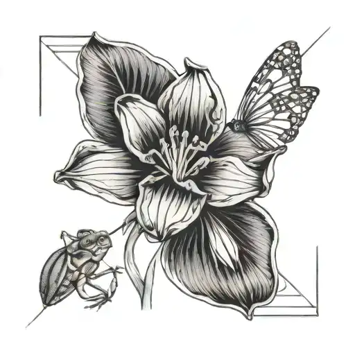 Amaryllis And Tiny Frog On The Petal Representing