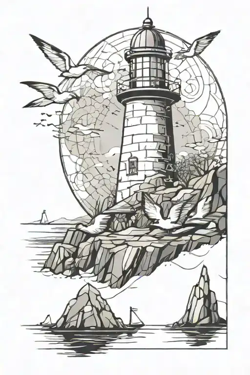 A Sketch For A Tattoo With A Lighthouse That Is Carved Out Of Rocks With Seagulls Around