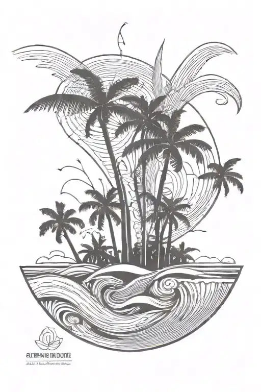 One-line Style Abstract With Spruce And Palm Trees And Waves