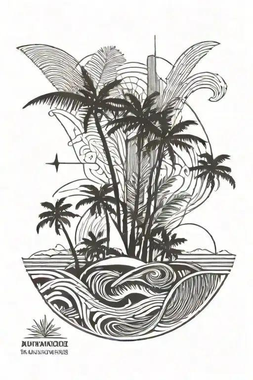 One-line Style Abstract With Spruce And Palm Trees And Waves