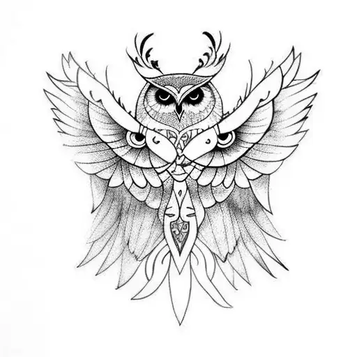 Owl Big Wings On Top Of Wolf Tattoo