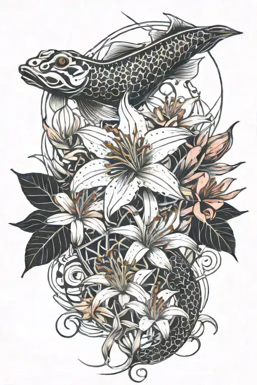 Spider Lily Flower And Koi Fish