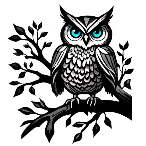 Owl Perched On A Branch Bright Blue Eyes