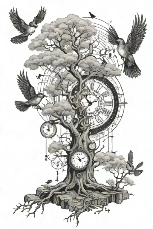 Large Tree With 2 Birds Flying And Scientific Sketching With A Clock Set To 6 And 3