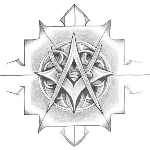 Spine Tatto With Trident Symbol At The Top Of The Spine With Other Symbols And A Maze Symbol