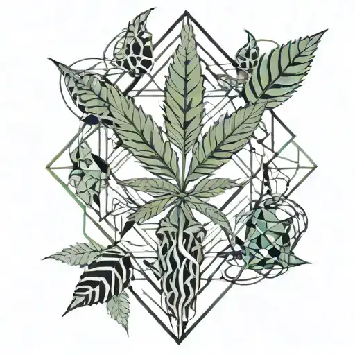 A Surrealistic Design Featuring A Cannabis Plant Intertwined With Abstract Geometric Shapes