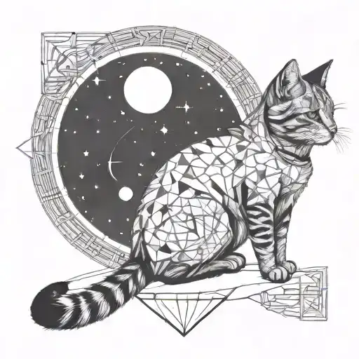 Cat Sitting On A Moon Looking At The Stars With A Background As Compass