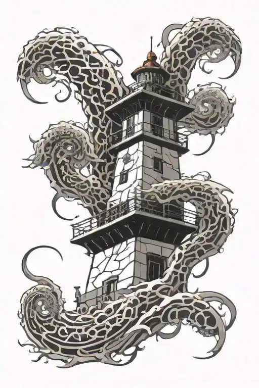 Crakin Tentacles Wraping Around Lighthouse In Japanese Style